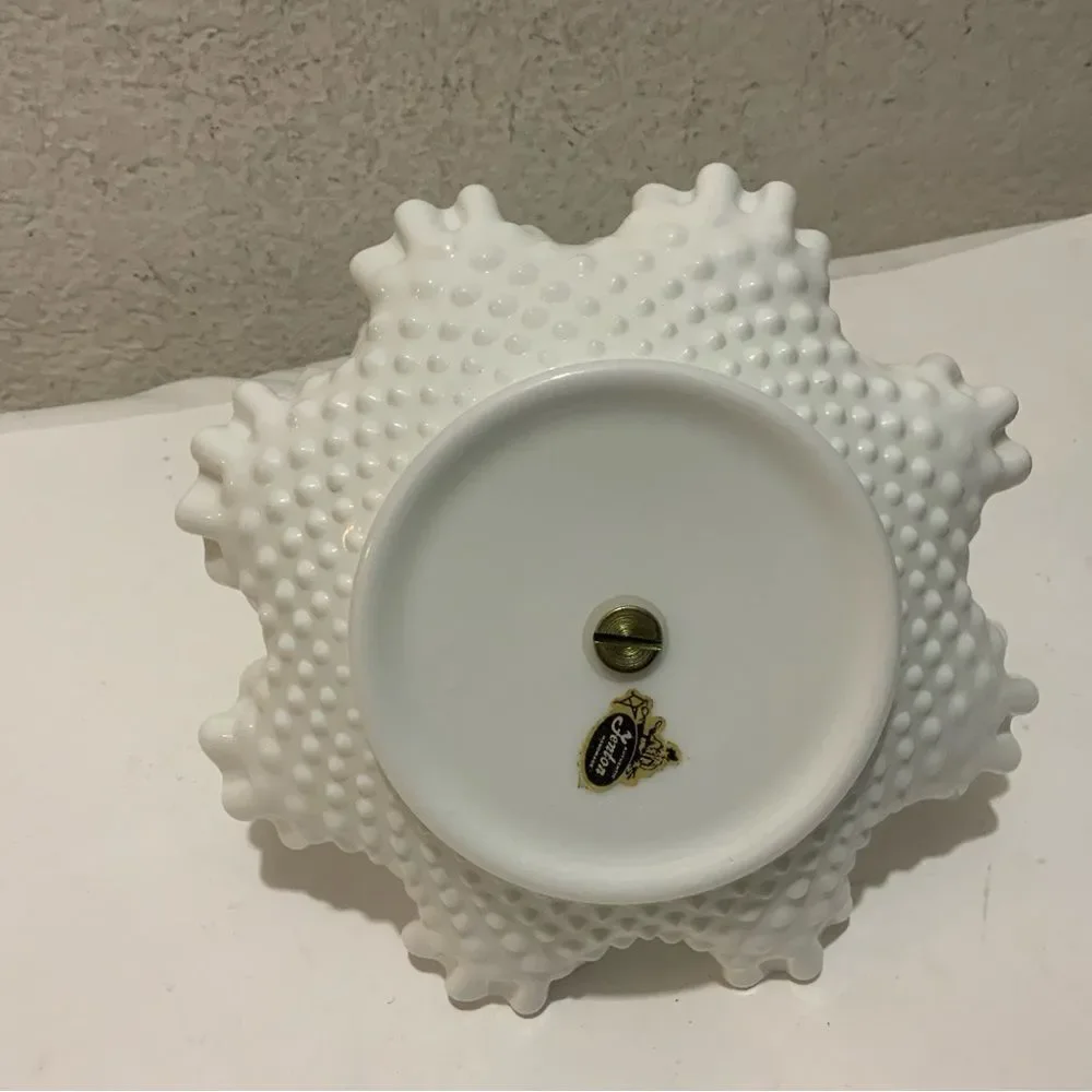 Fenton Vintage White Hobnail Ruffled Edge Milk Glass Candy Dish w/Silver Handle